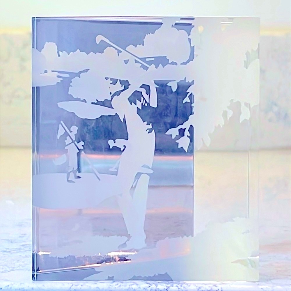 Steuben Golf Crystal Etched Prism Paperweight Vintage Signed Pristine No Chips